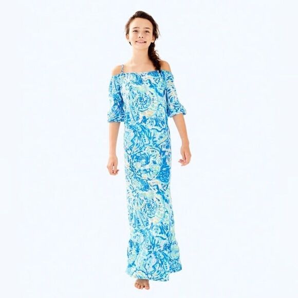 Lilly Pulitzer Clary Maxi Dress-Bennet Blue Salty Seas Girls XL 12-14 Host Pick - Picture 1 of 7